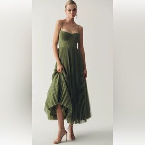 Hutch Amara Corset Pleated Tulle Olive Green Dress